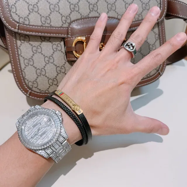 Gucci Brown Gold Double-Wrap Braided Leather Bracelet 7