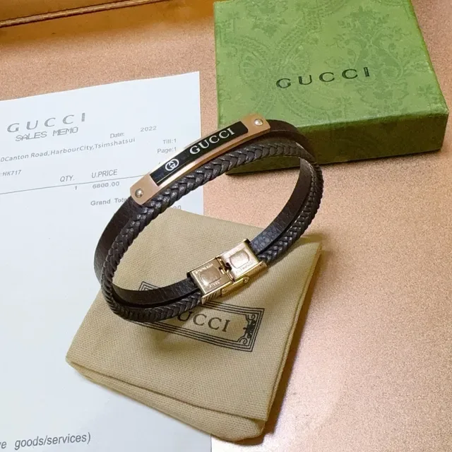 Gucci Brown Gold Double-Wrap Braided Leather Bracelet 8