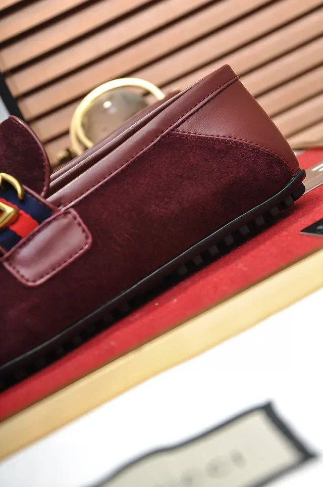 Gucci Burgundy Gold Suede Upper Web Stripe Strap Loafer 2