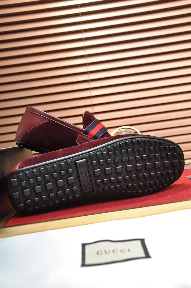 Gucci Burgundy Gold Suede Upper Web Stripe Strap Loafer 4