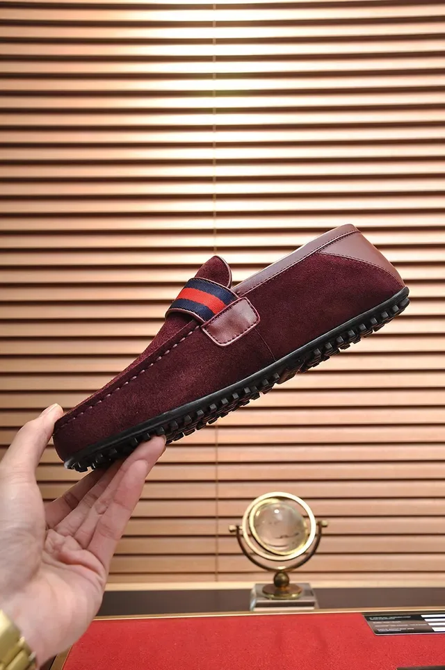Gucci Burgundy Gold Suede Upper Web Stripe Strap Loafer 6