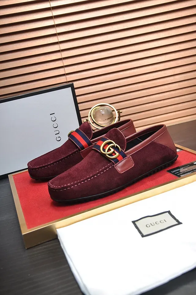 Gucci Burgundy Gold Suede Upper Web Stripe Strap Loafer 7