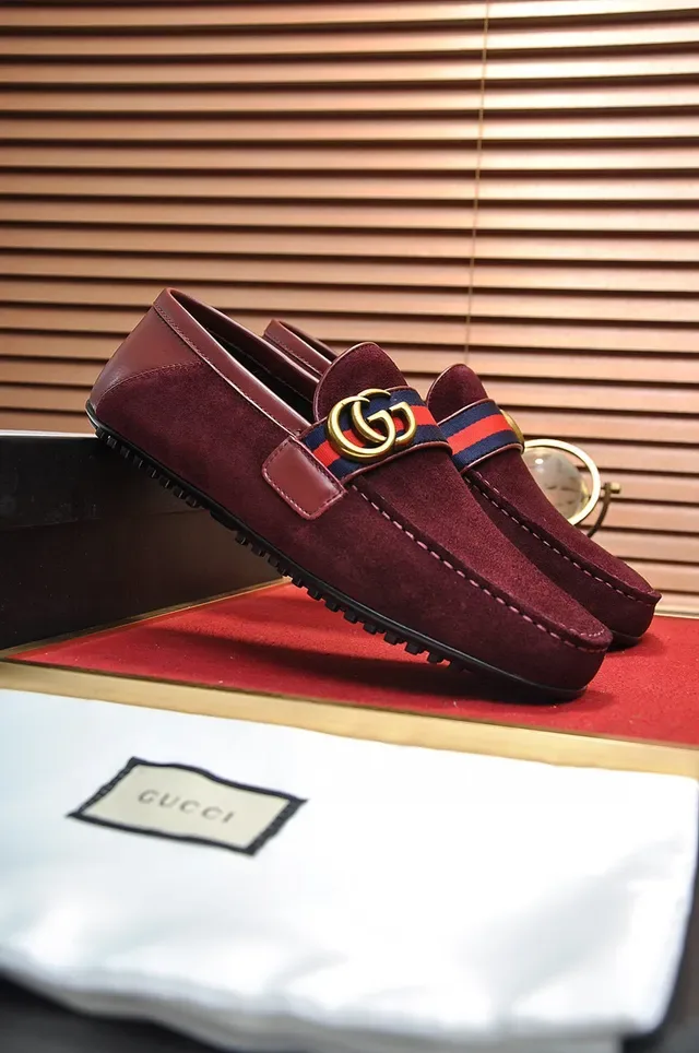 Gucci Burgundy Gold Suede Upper Web Stripe Strap Loafer 8