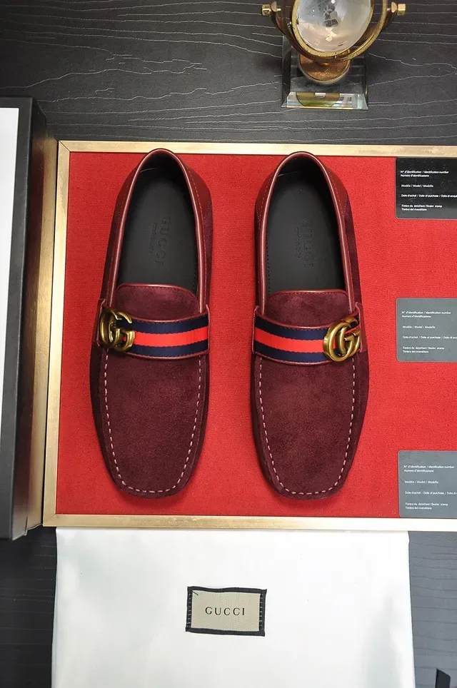 Gucci Burgundy Gold Suede Upper Web Stripe Strap Loafer 9