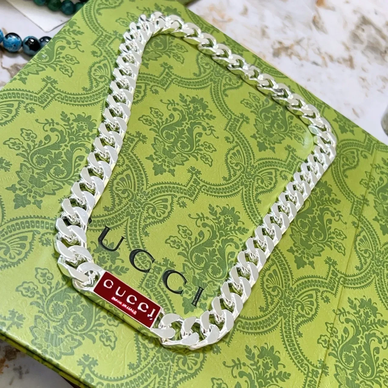 Gucci Curb-Link Chain Silver Red Enamel Plaque Clasp Necklace 9