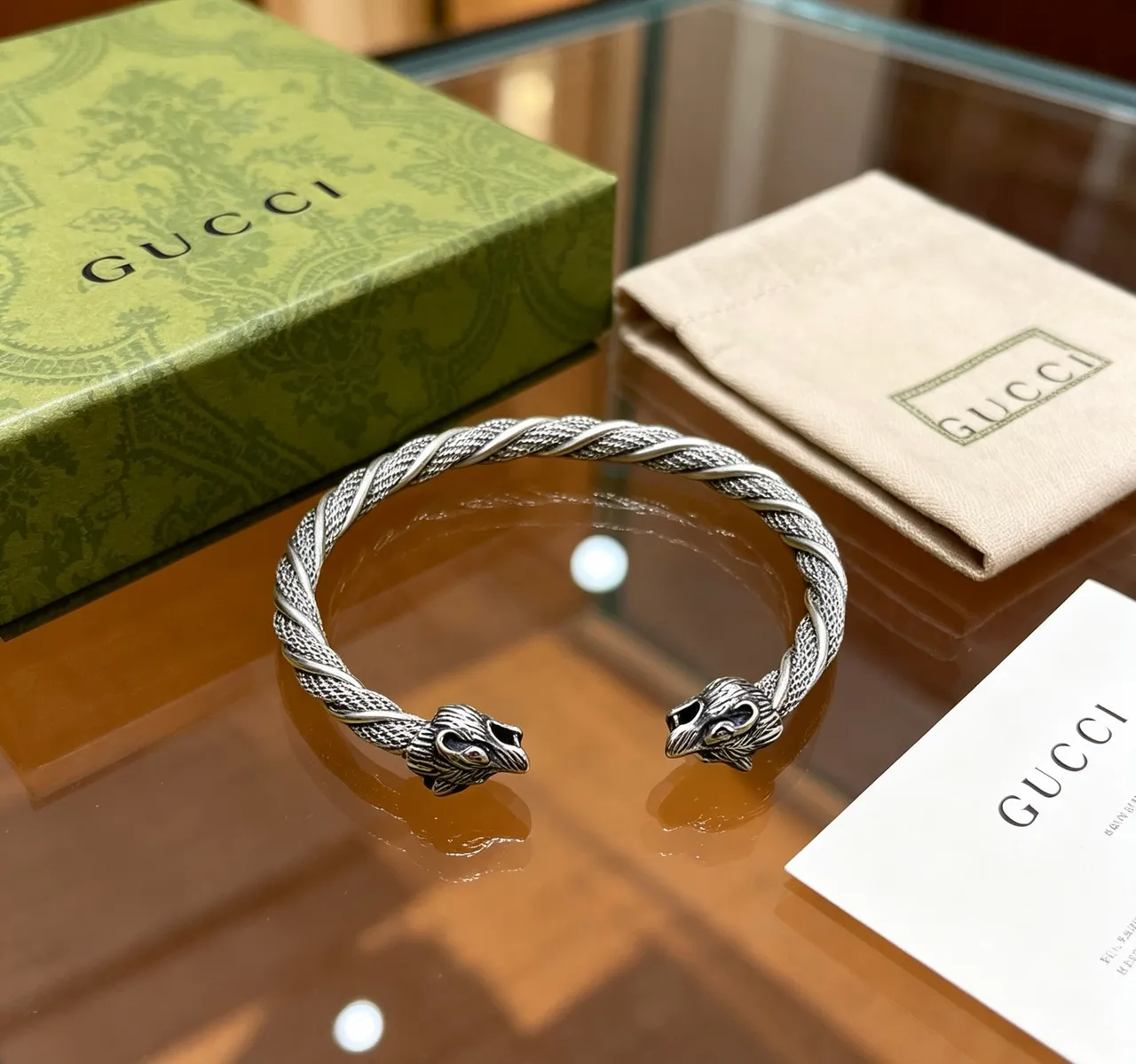 Gucci Dionysus Eagle-Head Bracelet Silver Green Twisted Rope Band Twin Terminals Bracelet 2