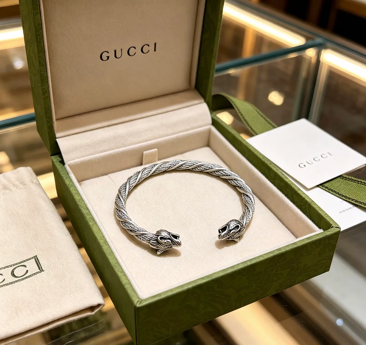 Gucci Dionysus Eagle-Head Bracelet Silver Green Twisted Rope Band Twin Terminals Bracelet 4