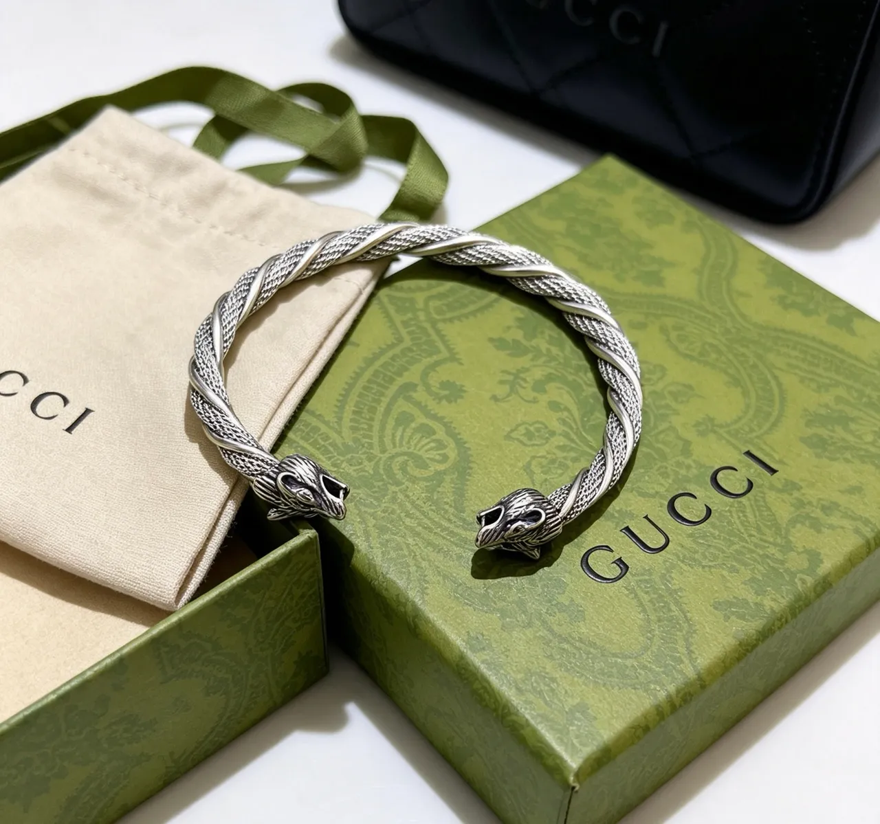 Gucci Dionysus Eagle-Head Bracelet Silver Green Twisted Rope Band Twin Terminals Bracelet 7