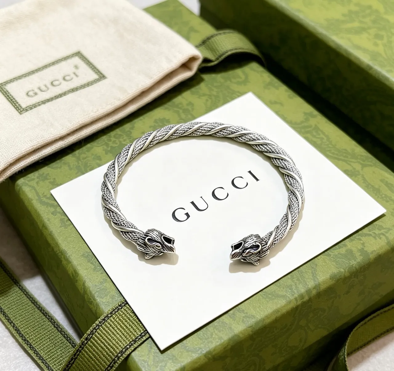 Gucci Dionysus Eagle-Head Bracelet Silver Green Twisted Rope Band Twin Terminals Bracelet 9