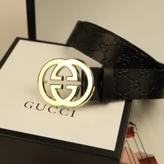 Gucci Double G Belt Black Gold Interlocking Buckle Embossed GG Monogram Leather Belt