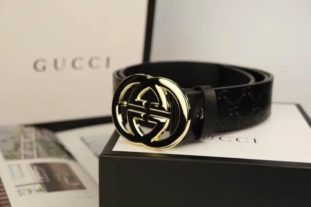 Gucci Double G Belt Black Gold Interlocking Buckle Embossed GG Monogram Leather Belt 5