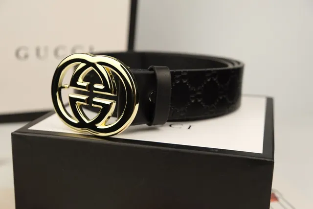 Gucci Double G Belt Black Gold Interlocking Buckle Embossed GG Monogram Leather Belt 6