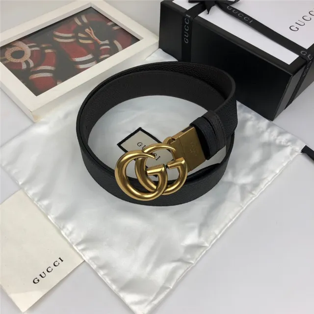 Gucci Double G Ceinture Noir Cuir Granulé Boucle Dorée Ceinture en Cuir 2