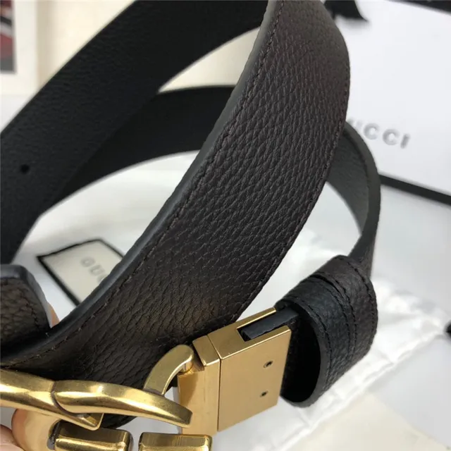 Gucci Double G Ceinture Noir Cuir Granulé Boucle Dorée Ceinture en Cuir 5