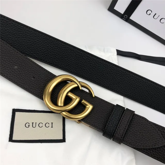 Gucci Double G Ceinture Noir Cuir Granulé Boucle Dorée Ceinture en Cuir 6