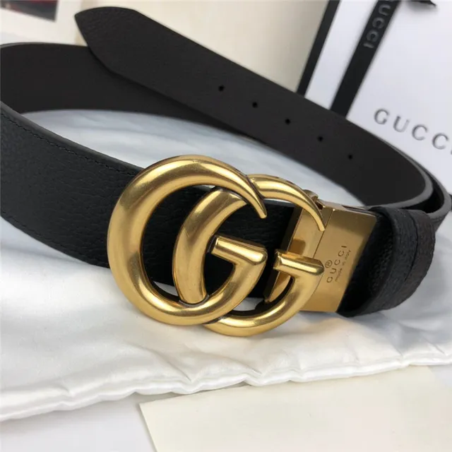 Gucci Double G Ceinture Noir Cuir Granulé Boucle Dorée Ceinture en Cuir 7