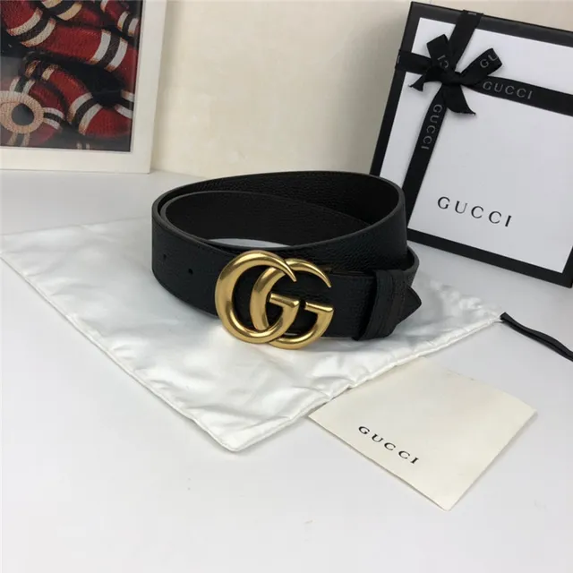 Gucci Double G Ceinture Noir Cuir Granulé Boucle Dorée Ceinture en Cuir 8
