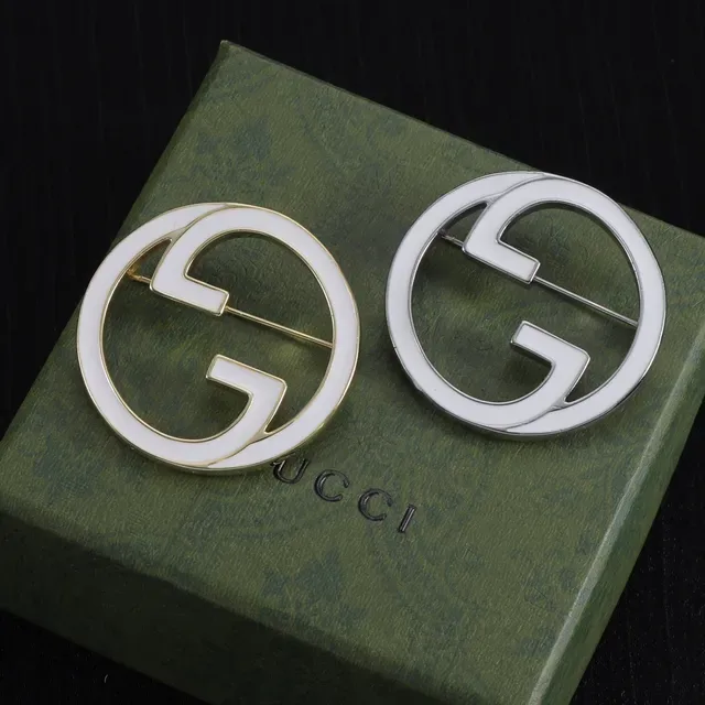 Gucci Double G Brooch White Enamel Silver and Gold Tone Brooches 2