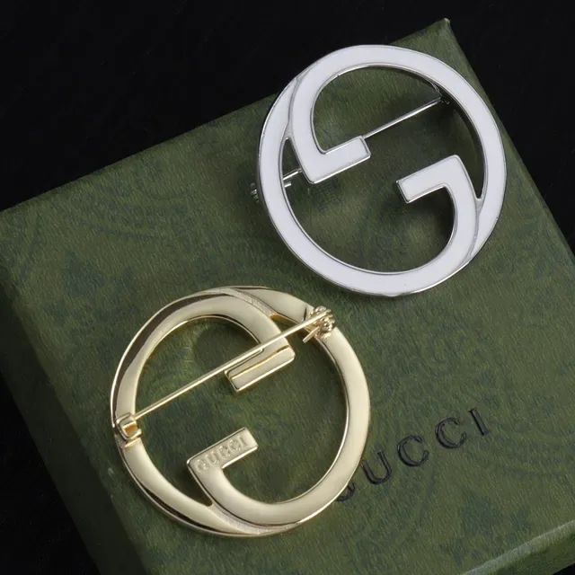 Gucci Double G Brooch White Enamel Silver and Gold Tone Brooches 5