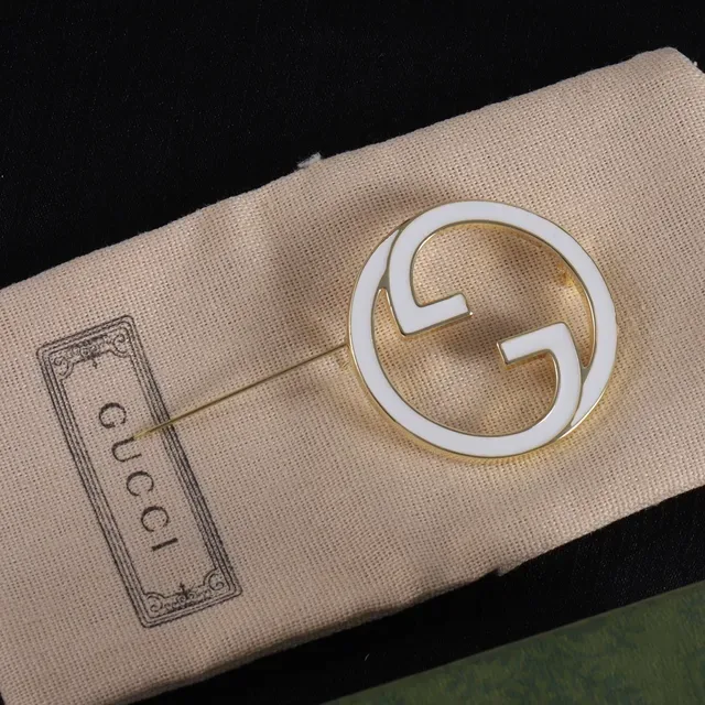 Gucci Double G Brooch White Enamel Silver and Gold Tone Brooches 6
