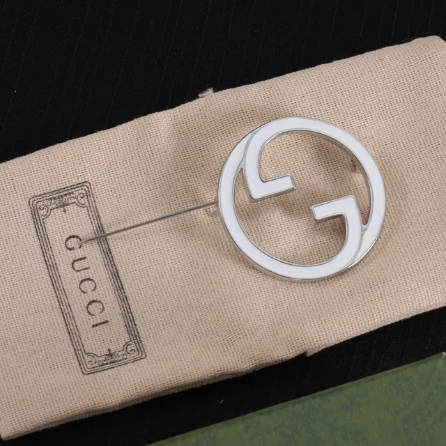 Gucci Double G Brooch White Enamel Silver and Gold Tone Brooches 7
