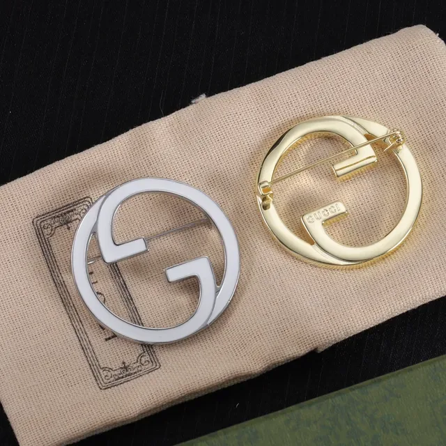 Gucci Double G Brooch White Enamel Silver and Gold Tone Brooches 8
