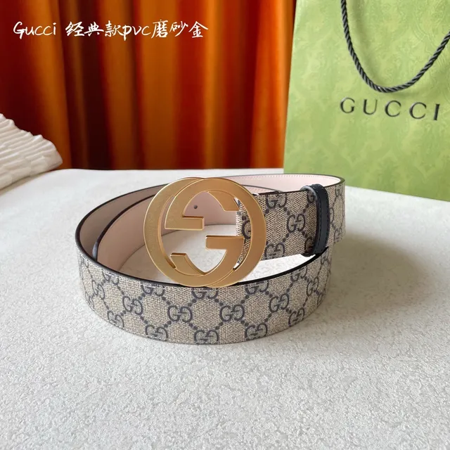 Gucci Double G Buckle GG Monogram Beige and Navy ceinture en cuir 4