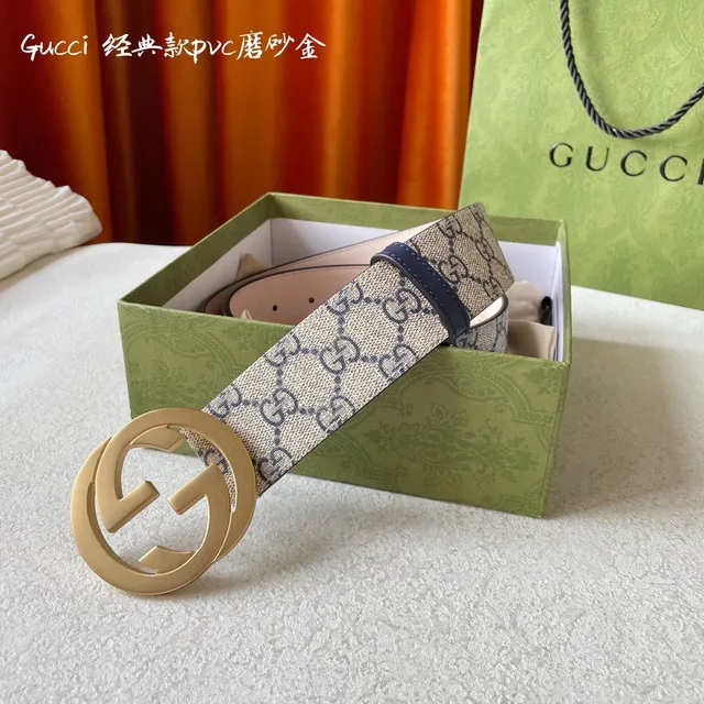 Gucci Double G Buckle GG Monogram Beige and Navy ceinture en cuir 5