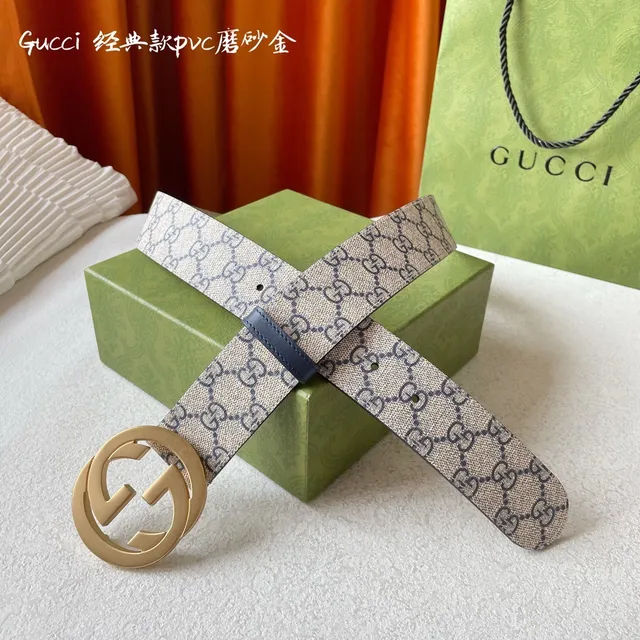 Gucci Double G Buckle GG Monogram Beige and Navy ceinture en cuir 6