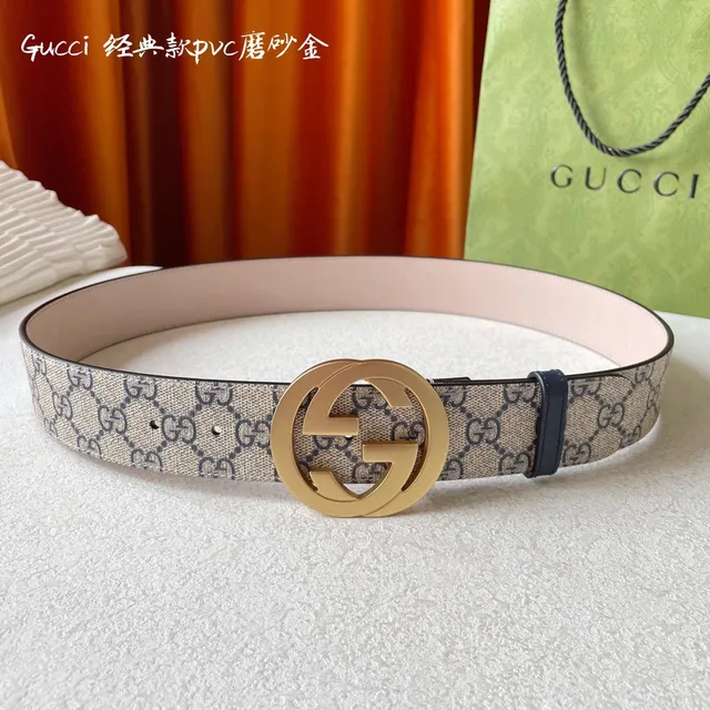Gucci Double G Buckle GG Monogram Beige and Navy ceinture en cuir 7