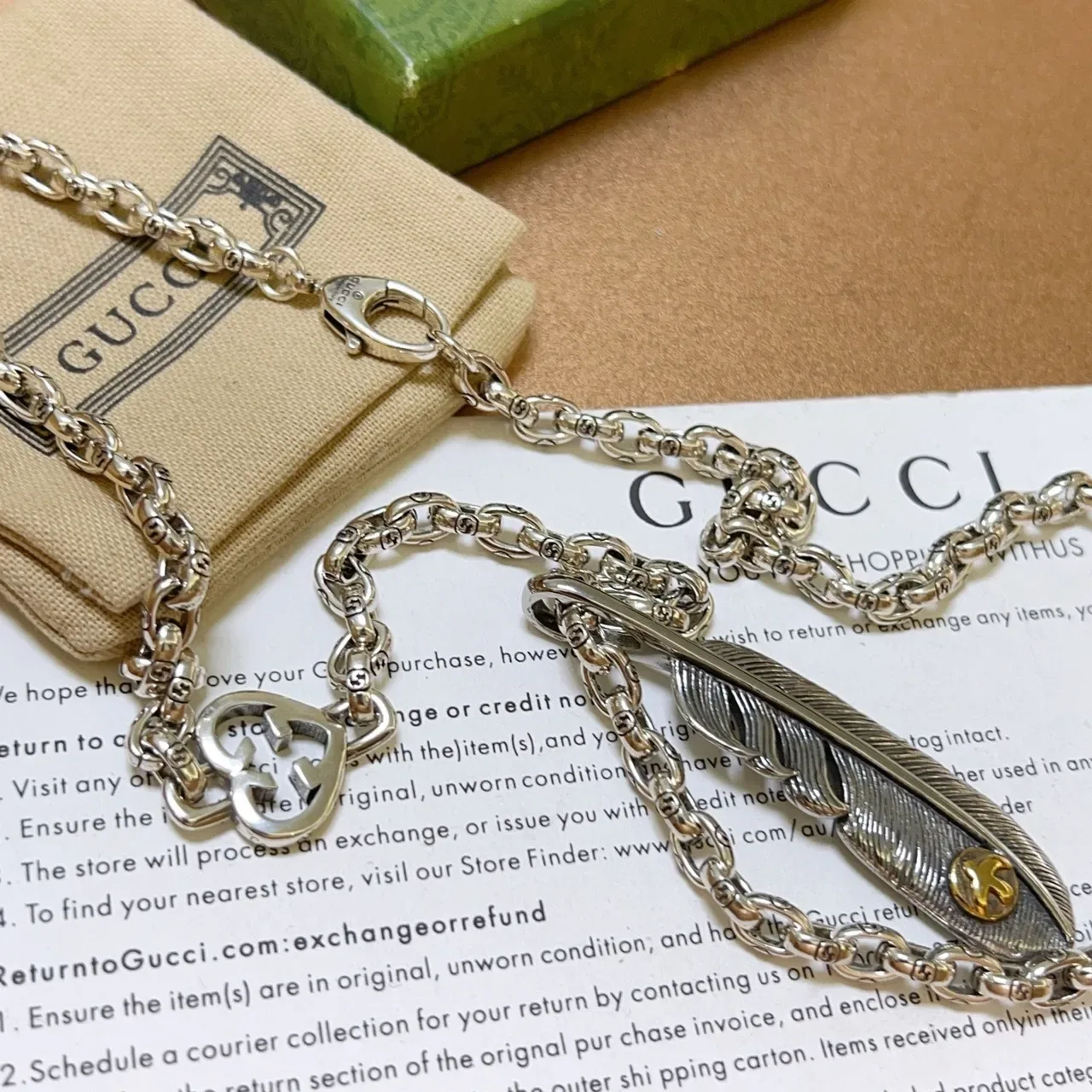 Gucci Feather Pendant Silver Gold Oval-Link Chain Textured Necklace 3