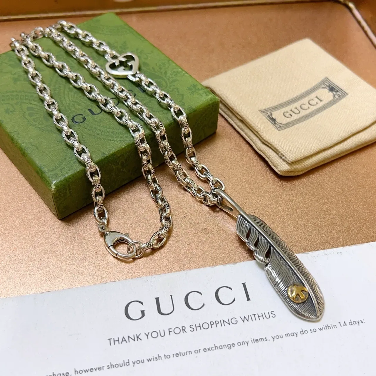 Gucci Feather Pendant Silver Gold Oval-Link Chain Textured Necklace 4