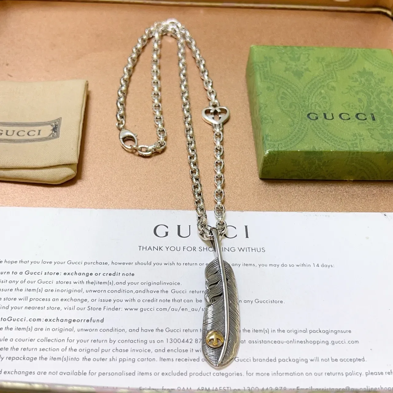 Gucci Feather Pendant Silver Gold Oval-Link Chain Textured Necklace 9