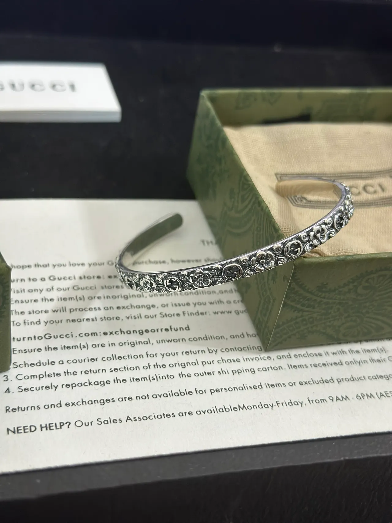 Gucci Floral and Interlocking G Engraved Silver-Tone Open Cuff Bracelet 7