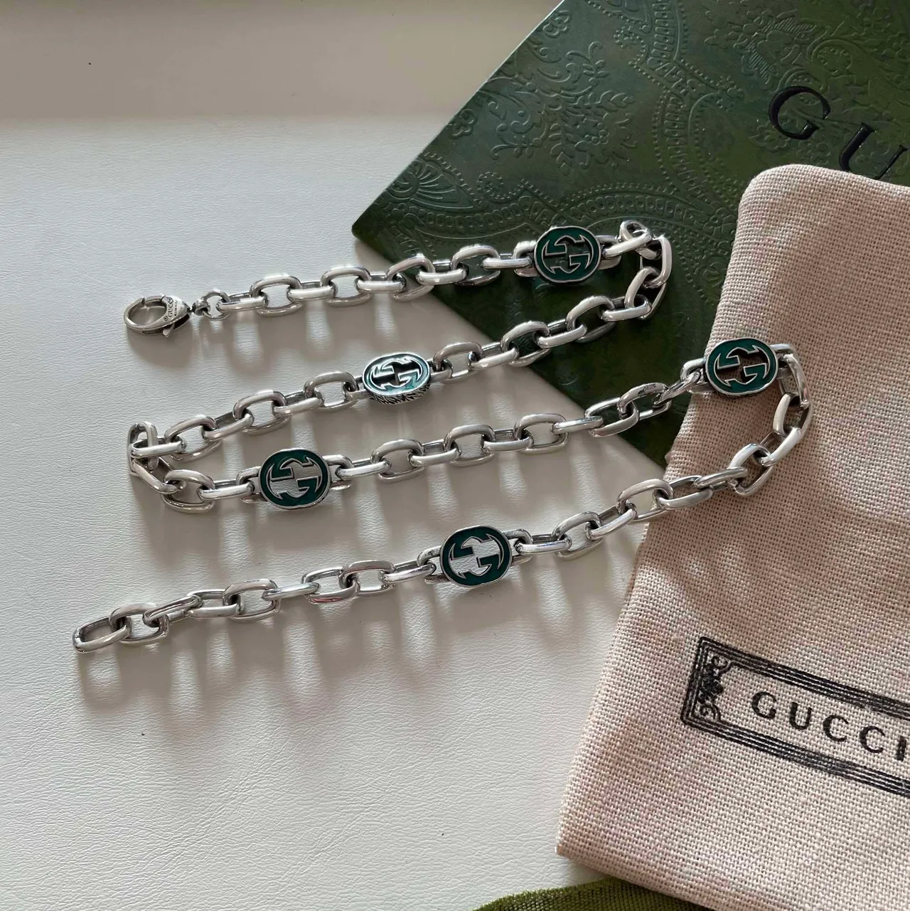 Gucci GG Chain Green Enamel Necklace 2