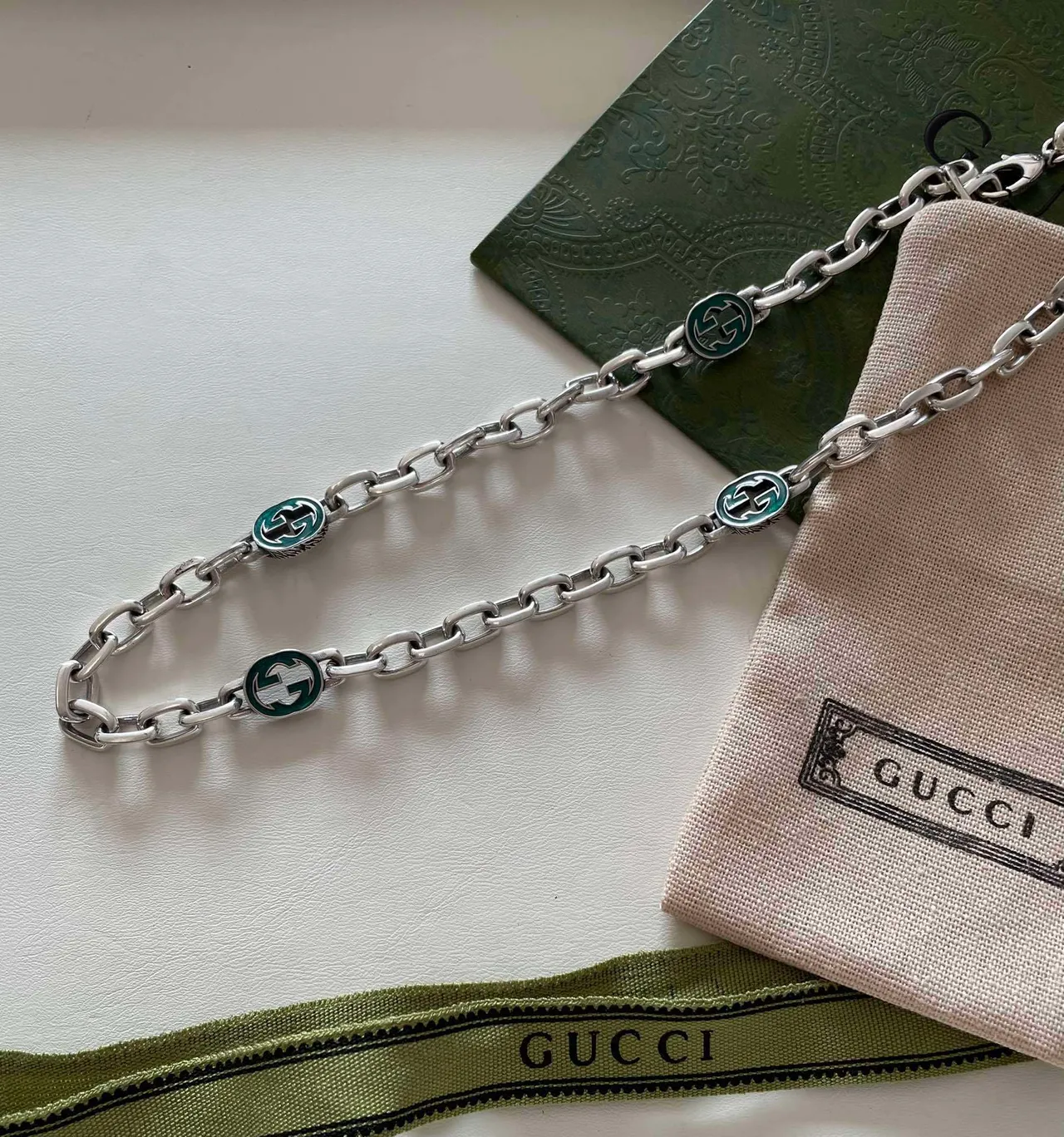 Gucci GG Chain Green Enamel Necklace 3
