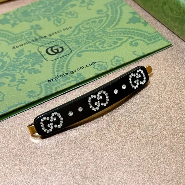 Gucci GG Crystal Hair Clip Black Acetate Brooch 4