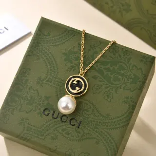Gucci GG Marmont Black Enamel and Pearl Pendant Necklace