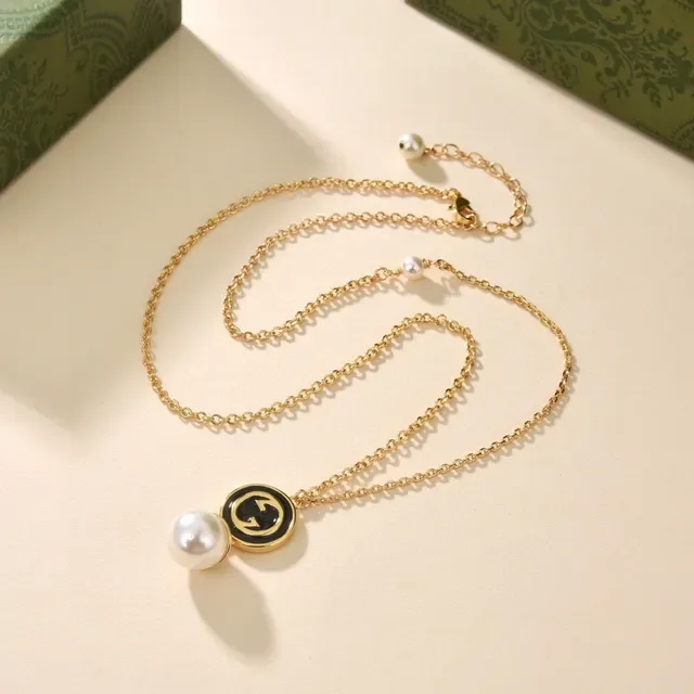 Gucci GG Marmont Black Enamel and Pearl Pendant Necklace 3
