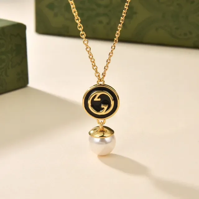 Gucci GG Marmont Black Enamel and Pearl Pendant Necklace 7