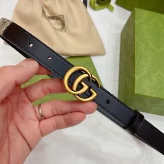 Gucci GG Marmont Black Gold Interlocking Double G Buckle Narrow Strap Leather Belt