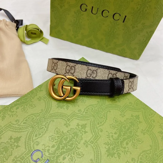 Gucci GG Marmont Black Gold Interlocking Double G Buckle Narrow Strap Leather Belt 5