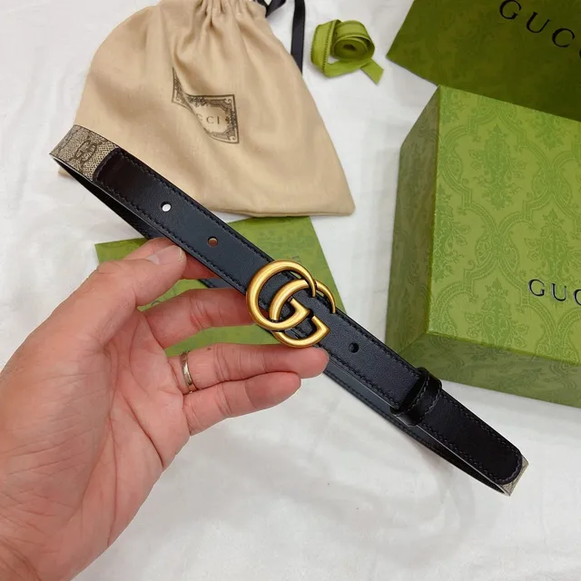 Gucci GG Marmont Black Gold Interlocking Double G Buckle Narrow Strap Leather Belt 6