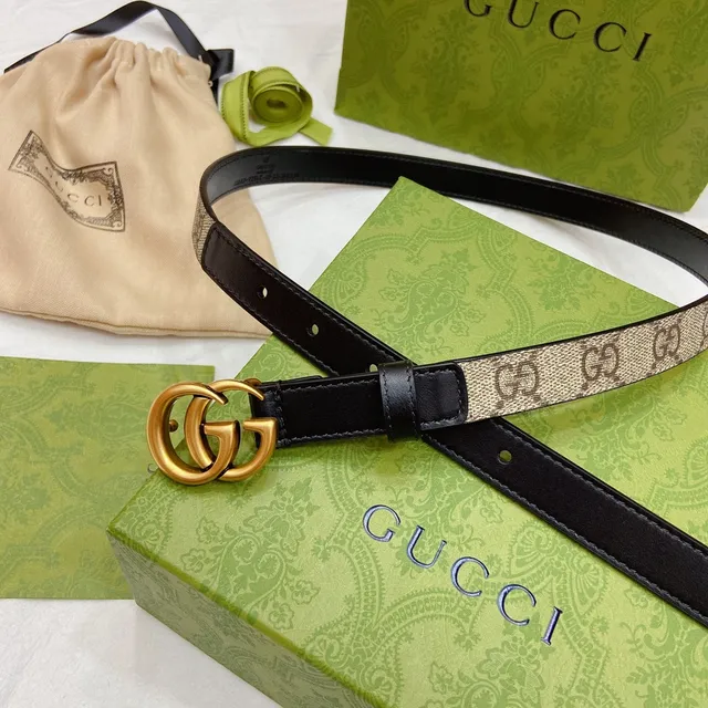 Gucci GG Marmont Black Gold Interlocking Double G Buckle Narrow Strap Leather Belt 8