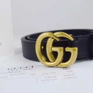 Gucci GG Marmont Black Gold Interlocking G Buckle Smooth Leather Belt