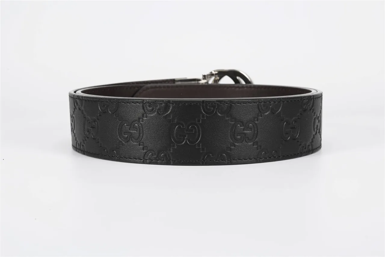 Gucci GG Marmont Black Silver Embossed Monogram Circular Interlocking G Buckle Leather Belt 4