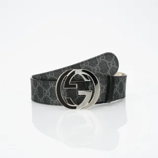 Gucci GG Marmont Black Silver Monogram Canvas Interlocking G Buckle Leather Belt