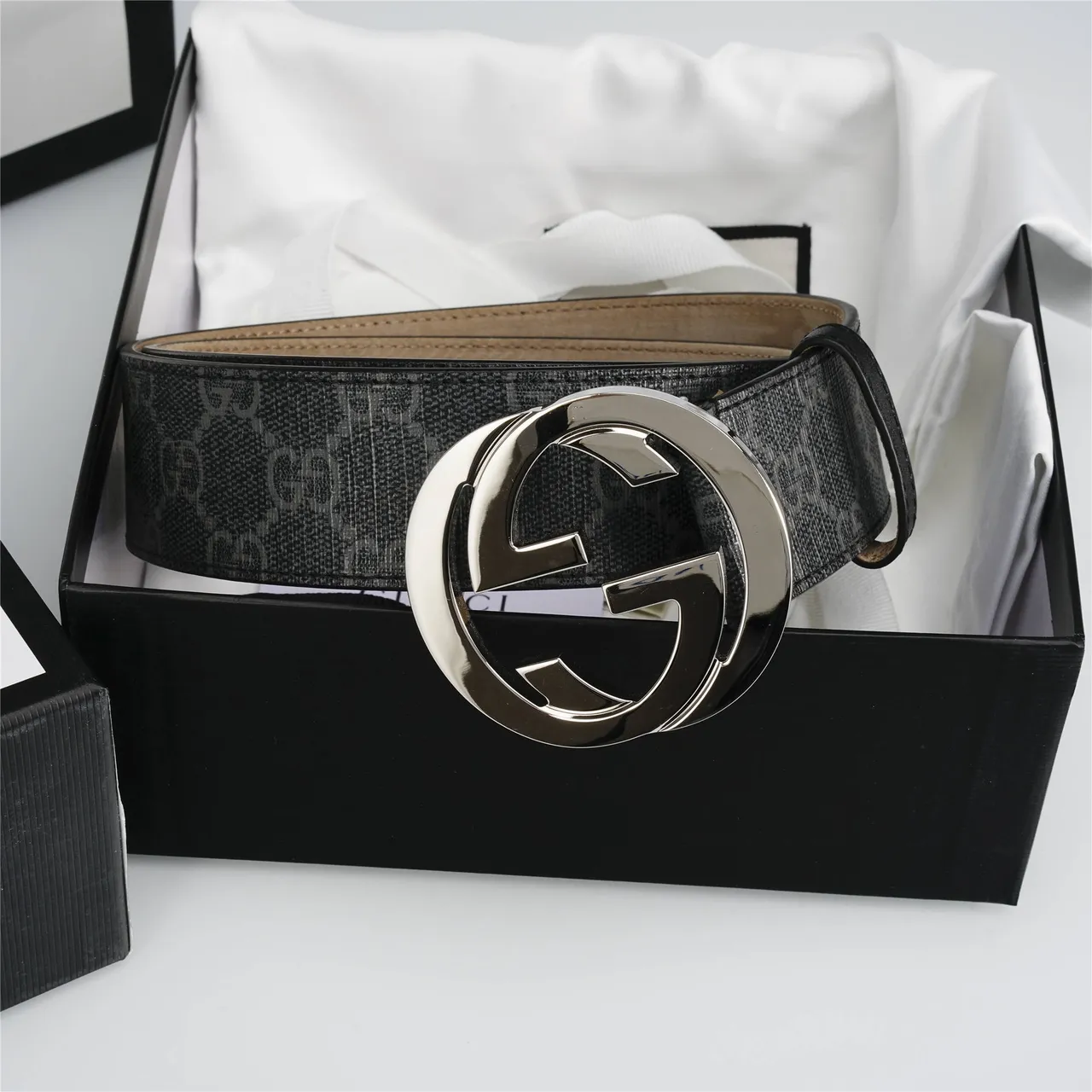 Gucci GG Marmont Black Silver Monogram Canvas Interlocking G Buckle Leather Belt 2