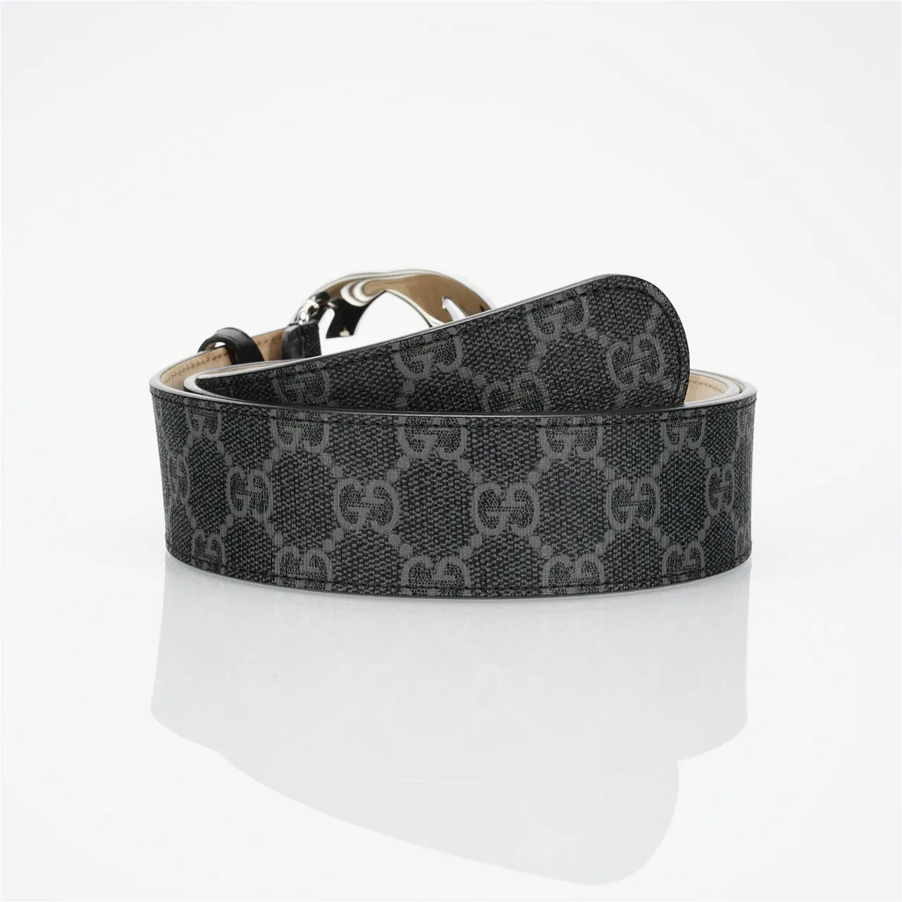 Gucci GG Marmont Black Silver Monogram Canvas Interlocking G Buckle Leather Belt 4