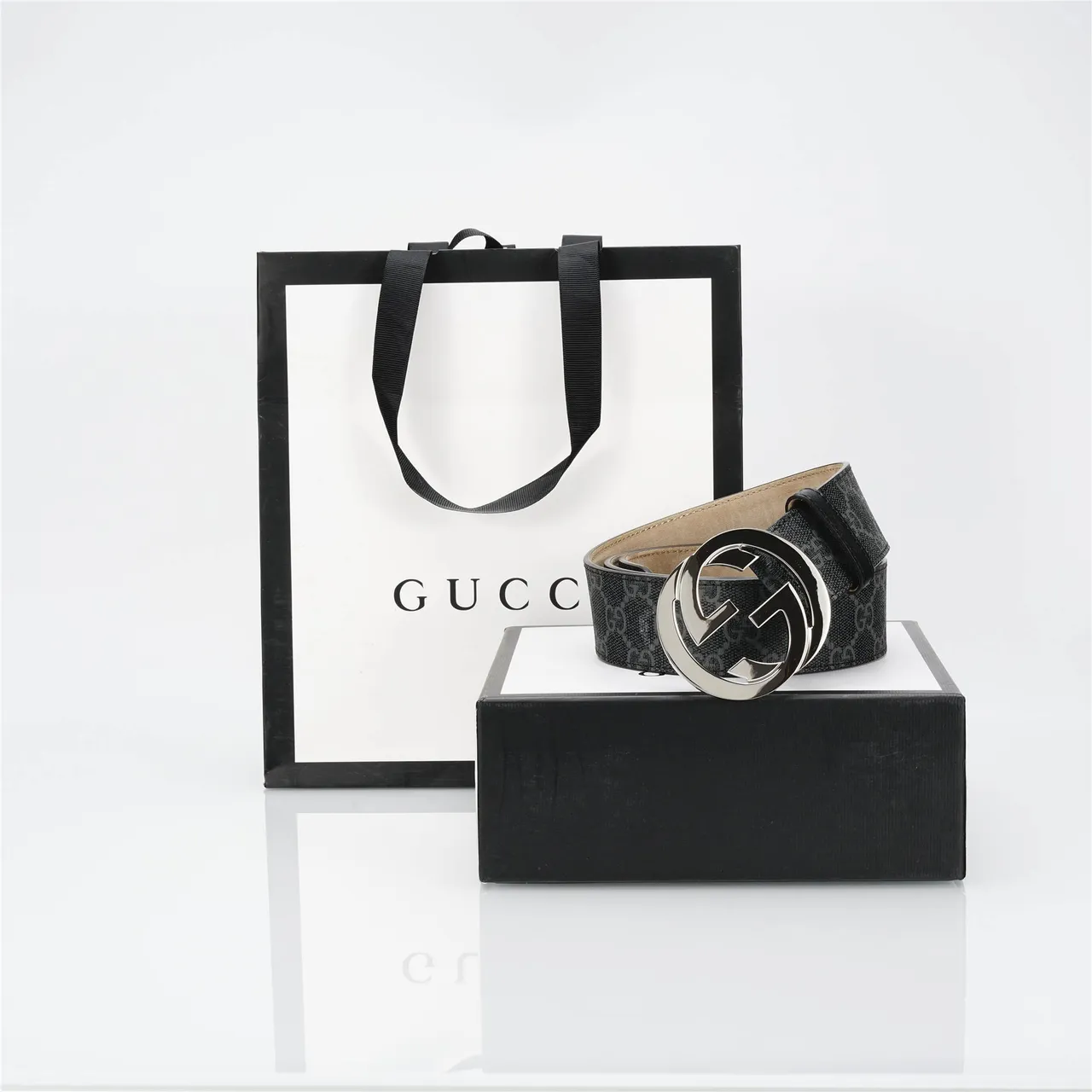 Gucci GG Marmont Black Silver Monogram Canvas Interlocking G Buckle Leather Belt 5